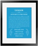 Ledger name meaning wall art by Get Your Story in blue with black matte frame