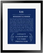 Lee personalized name art with origin story in deep blue with black matte frame