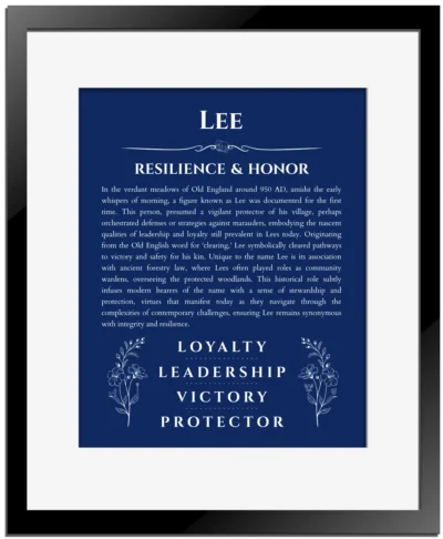 Lee personalized name art with origin story in deep blue with black matte frame