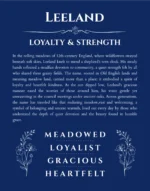 Leeland name origin print with meaning and traits in deep blue