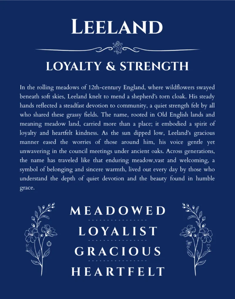 Leeland name origin print with meaning and traits in deep blue