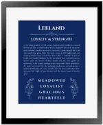 Leeland name origin print with meaning and traits in deep blue with black matte frame