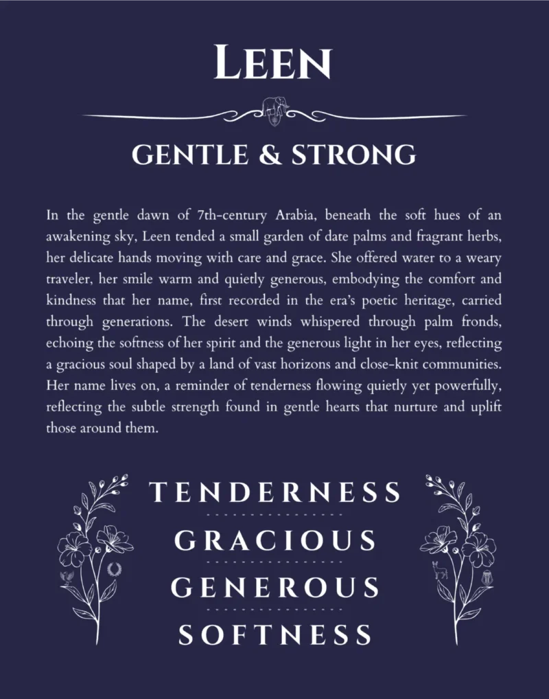 Leen custom name art showing meaning and origin in navy blue