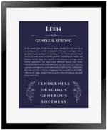 Leen custom name art showing meaning and origin in navy blue with black matte frame