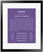 Leena custom name meaning print in purple with black matte frame