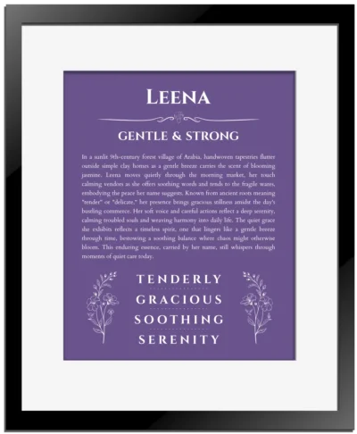 Leena custom name meaning print in purple with black matte frame