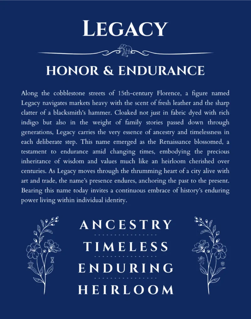 Legacy personalized name print with origin and traits in deep blue