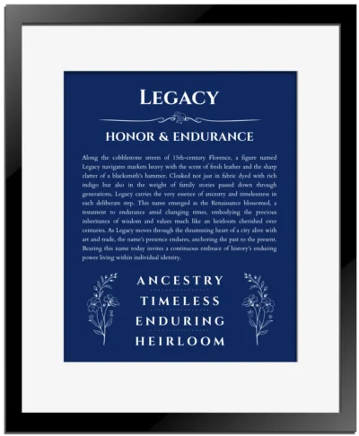 Legacy personalized name print with origin and traits in deep blue with black matte frame