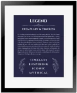 Legend personalized name meaning print in navy blue with black matte frame