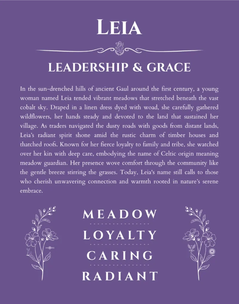 Leia personalized name print with origin and traits in purple