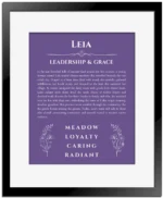Leia personalized name print with origin and traits in purple with black matte frame