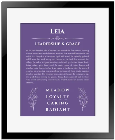 Leia personalized name print with origin and traits in purple with black matte frame