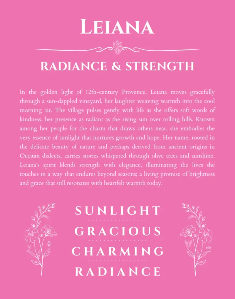 Leiana custom name art showing meaning and origin in pink