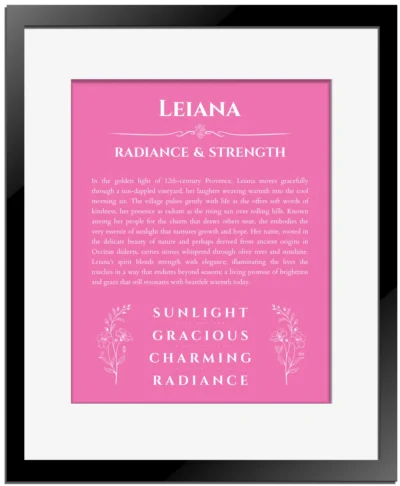 Leiana custom name art showing meaning and origin in pink with black matte frame