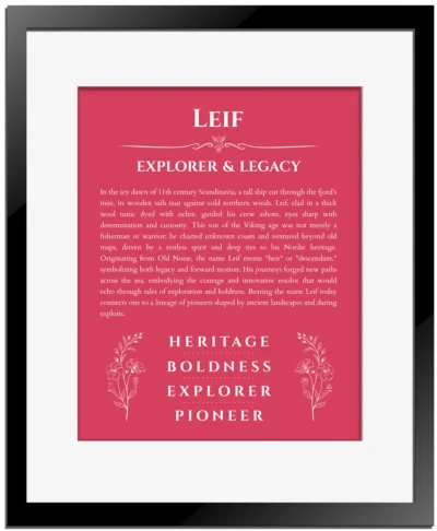 Leif personalized name print with origin and traits in red with black matte frame
