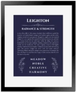 Leighton personalized name art with origin story in navy blue with black matte frame