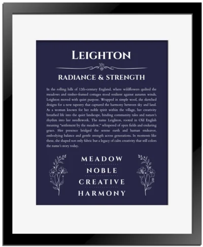 Leighton personalized name art with origin story in navy blue with black matte frame