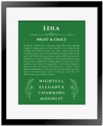 Leila personalized name meaning print in dark green with black matte frame
