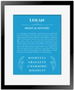 Leilah personalized name meaning print in blue with black matte frame