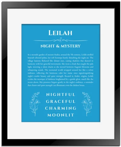 Leilah personalized name meaning print in blue with black matte frame