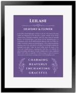 Leilani personalized wall art with the story of your name in purple with black matte frame