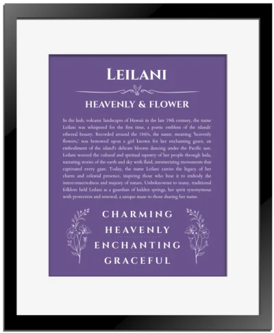 Leilani personalized wall art with the story of your name in purple with black matte frame
