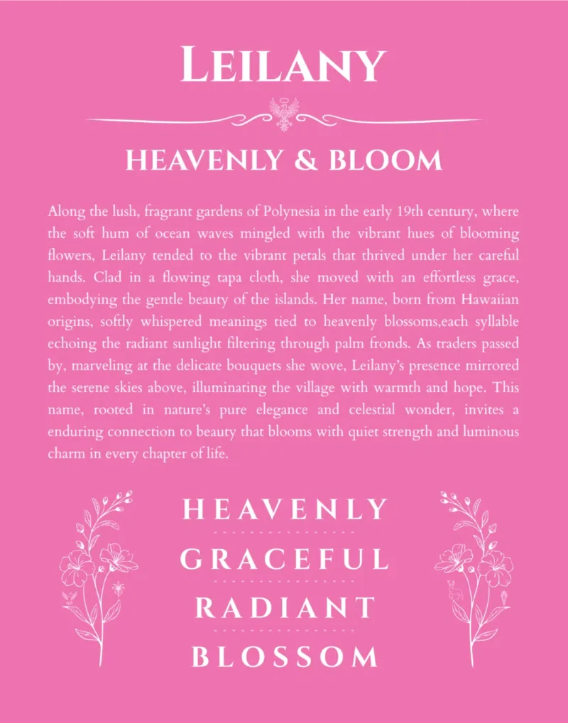 Leilany custom name art showing meaning and origin in pink