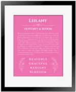 Leilany custom name art showing meaning and origin in pink with black matte frame
