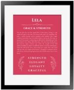 Lela personalized wall art with the story of your name in red with black matte frame