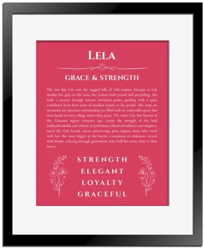 Lela personalized wall art with the story of your name in red with black matte frame