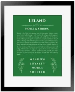 Leland personalized wall art with the story of your name in dark green with black matte frame