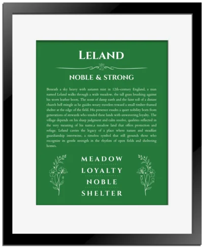 Leland personalized wall art with the story of your name in dark green with black matte frame