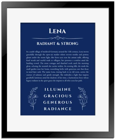 Lena custom name meaning print in deep blue with black matte frame