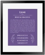 Leni personalized name meaning print in purple with black matte frame