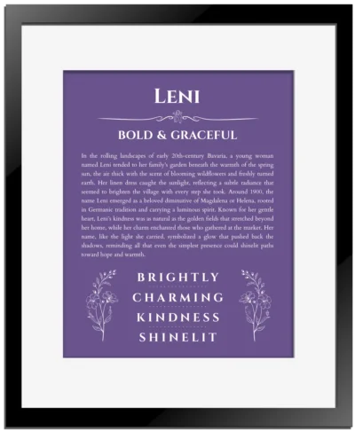 Leni personalized name meaning print in purple with black matte frame