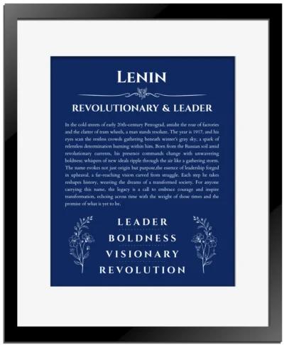 Lenin name meaning gift print in deep blue with black matte frame