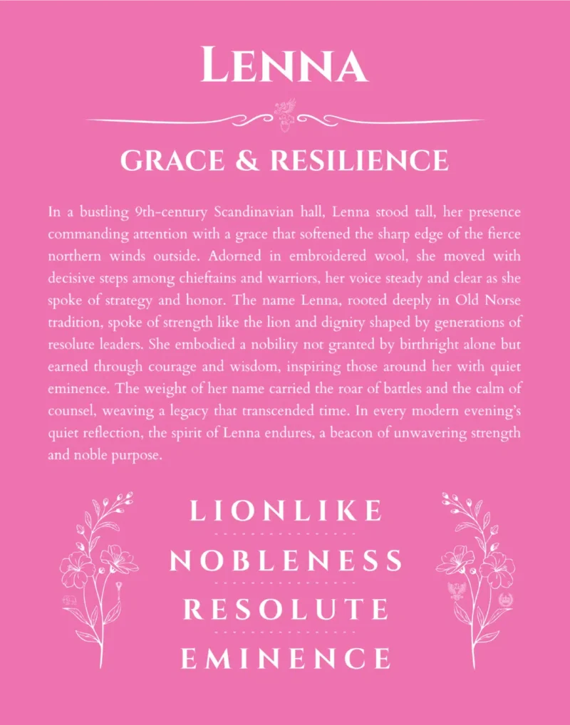 Lenna personalized name art with origin story in pink