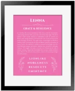 Lenna personalized name art with origin story in pink with black matte frame