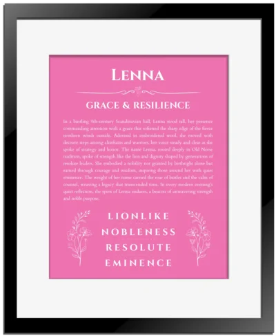 Lenna personalized name art with origin story in pink with black matte frame