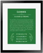 Lennix personalized name meaning print in dark green with black matte frame