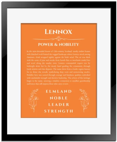 Lennox custom name art showing meaning and origin in orange with black matte frame