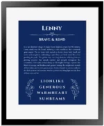 Lenny custom name meaning print in deep blue with black matte frame