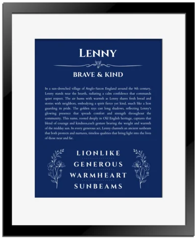 Lenny custom name meaning print in deep blue with black matte frame