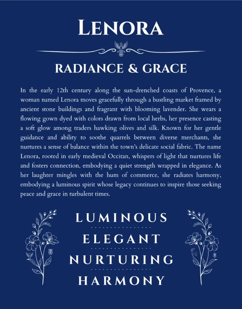 Lenora name origin print with meaning and traits in deep blue