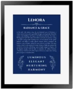 Lenora name origin print with meaning and traits in deep blue with black matte frame