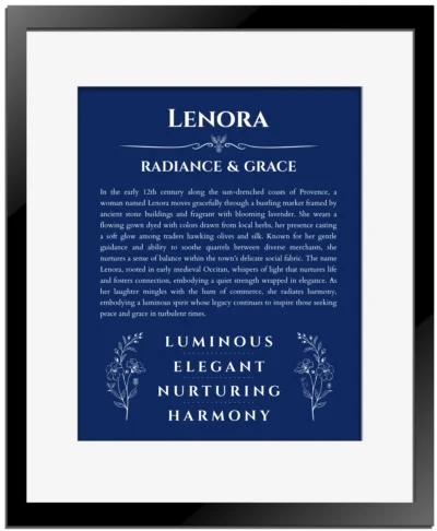 Lenora name origin print with meaning and traits in deep blue with black matte frame
