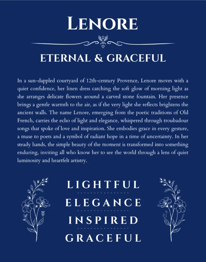 Lenore personalized name art with origin story in deep blue