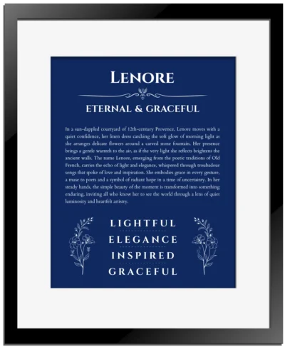 Lenore personalized name art with origin story in deep blue with black matte frame