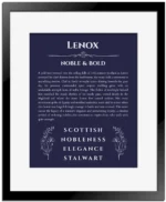 Lenox name origin print with meaning and traits in navy blue with black matte frame