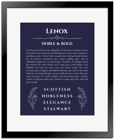 Lenox name origin print with meaning and traits in navy blue with black matte frame